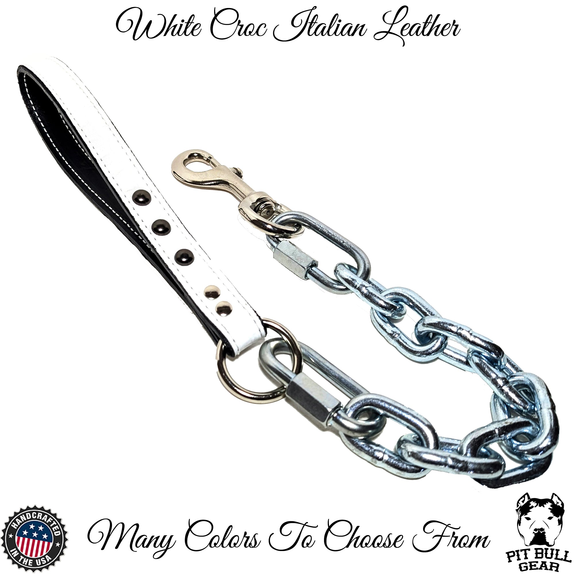 Super Heavy Silver Chain Lead with Studded Leather Handle - 30"