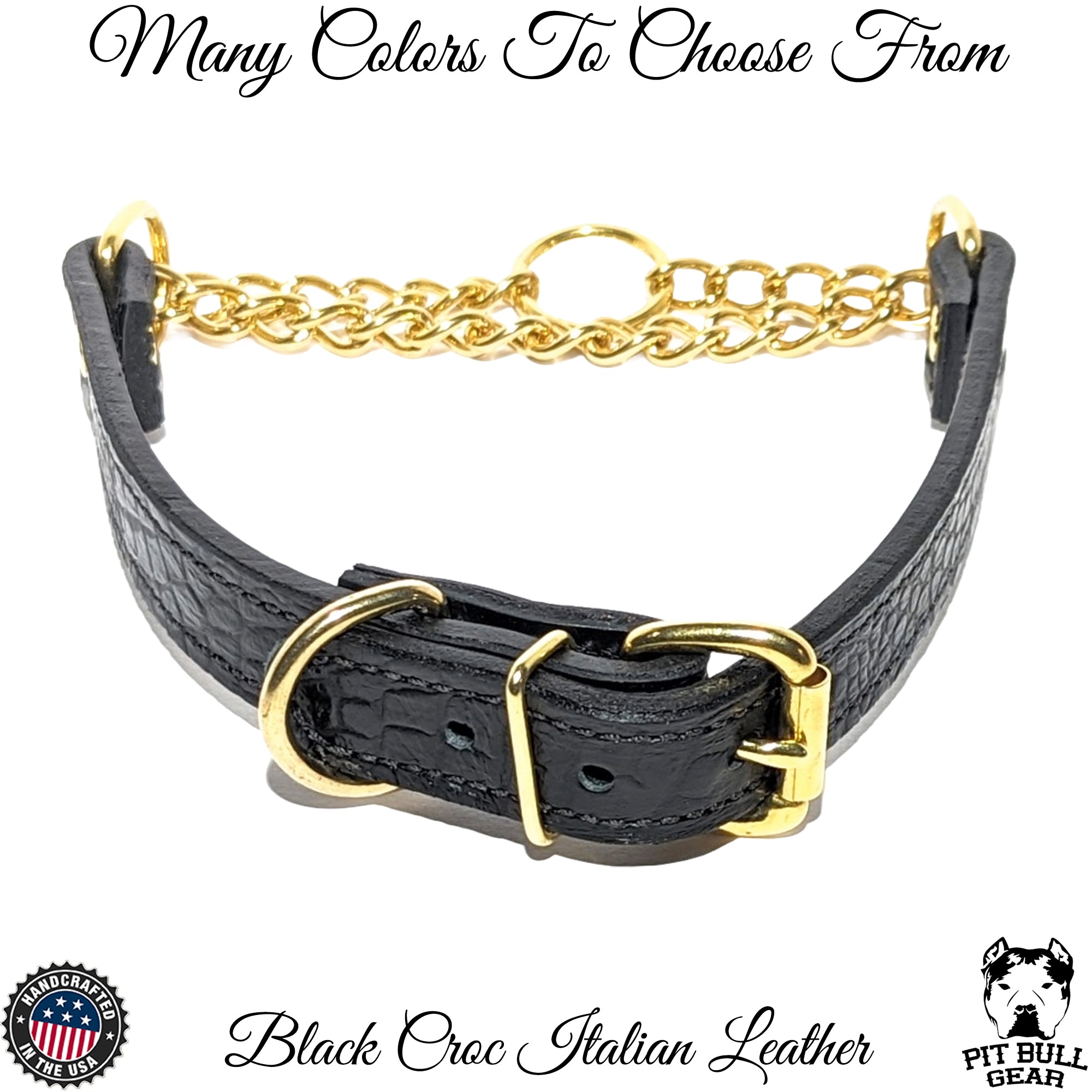 LM1G - 1" Wide Leather Martingale Collar with Buckle, Gold Chain & Hardware