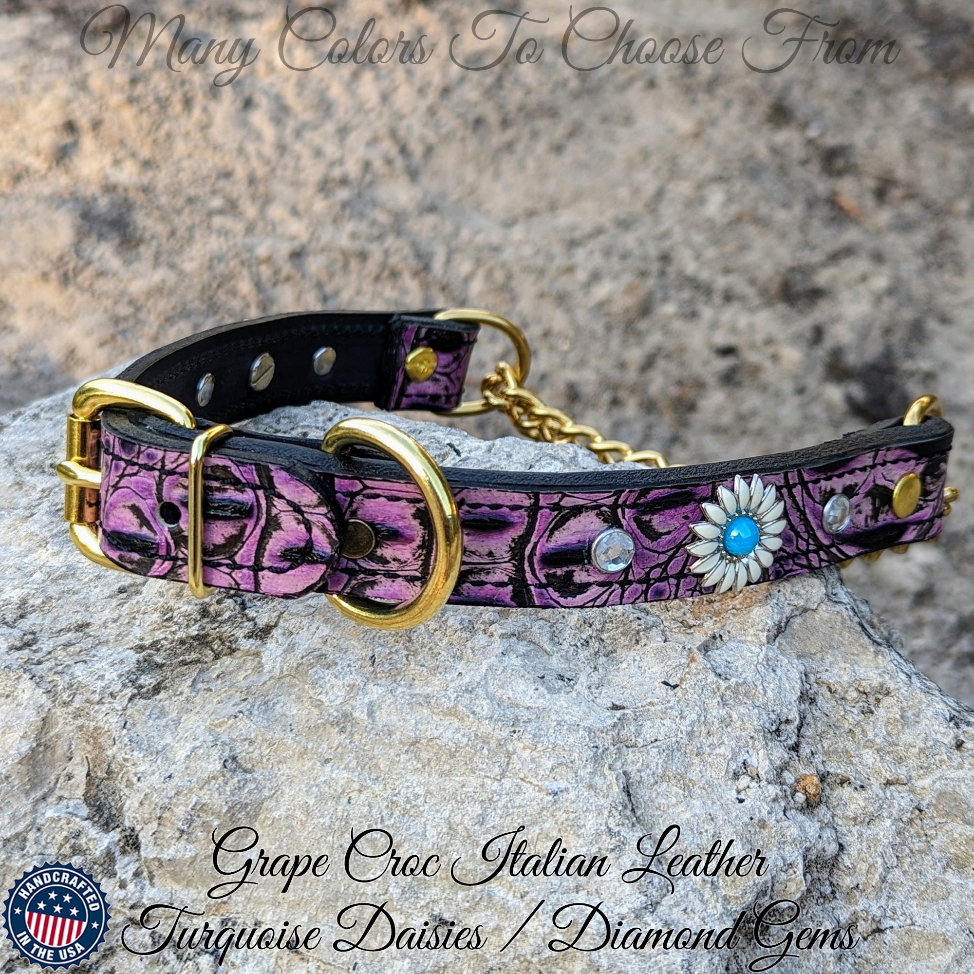 LM2 - 1" Wide Leather Martingale Buckle Collar with Daisies & Gems