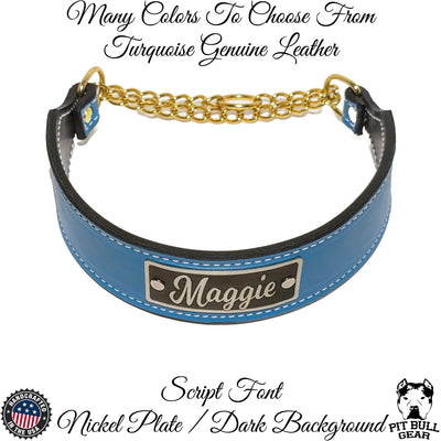 LM7N - 2" Wide Leather Martingale Dog Collar Personalized Name Plate