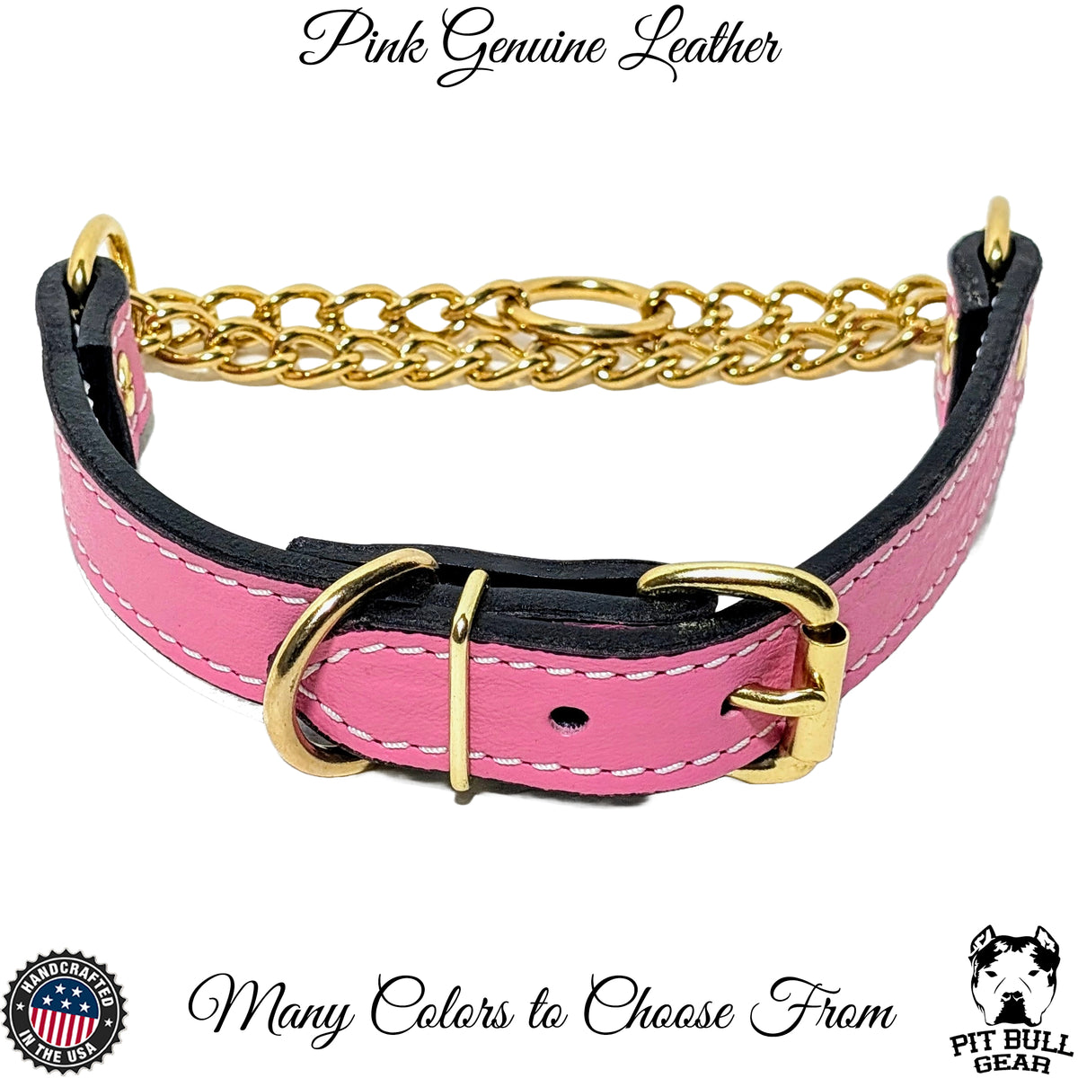 LM1G - 1&quot; Wide Leather Martingale Collar with Buckle, Gold Chain &amp; Hardware