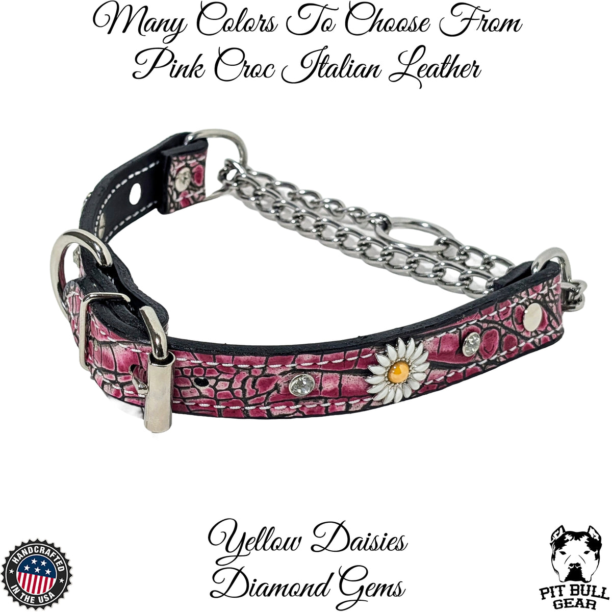 LM2 - 1&quot; Wide Leather Martingale Buckle Collar with Daisies &amp; Gems