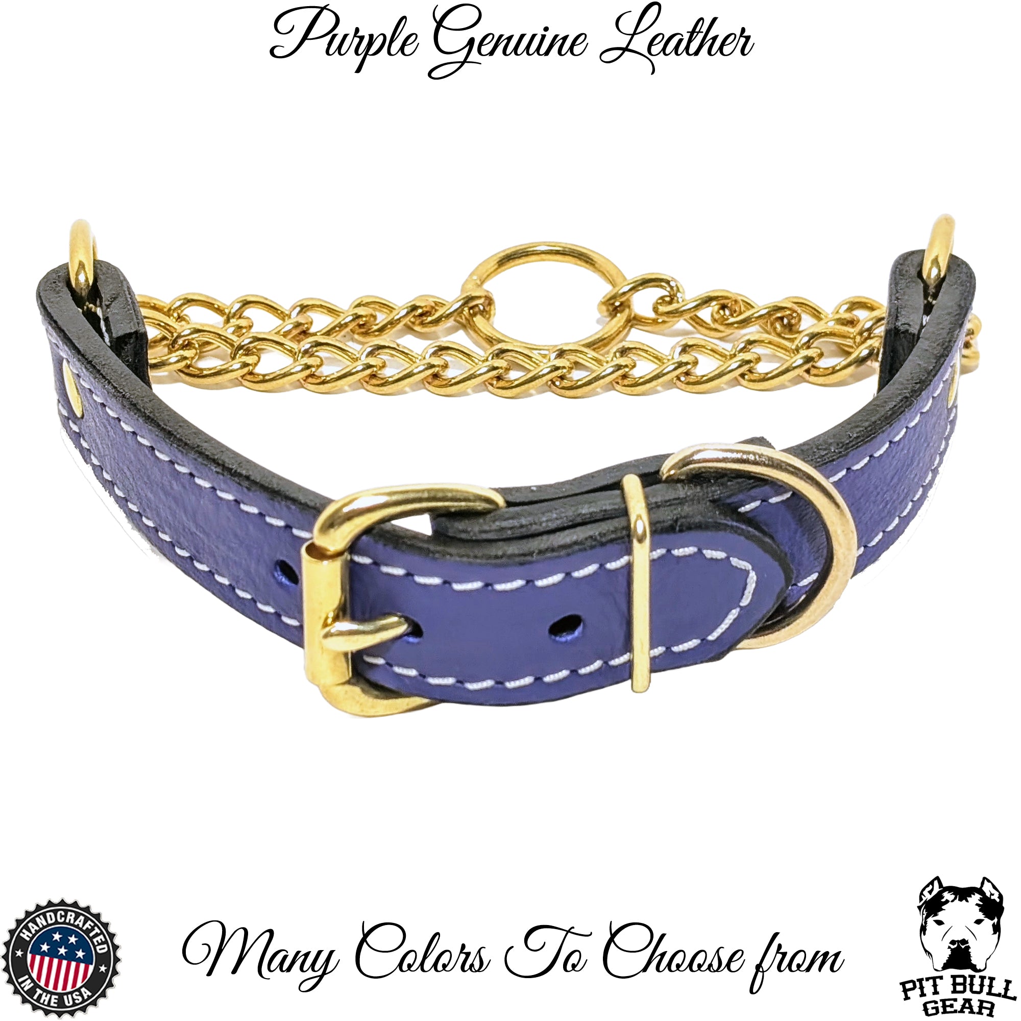 LM1G - 1" Wide Leather Martingale Collar with Buckle, Gold Chain & Hardware