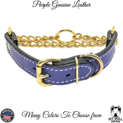 LM1G - 1" Wide Leather Martingale Collar with Buckle, Gold Chain & Hardware