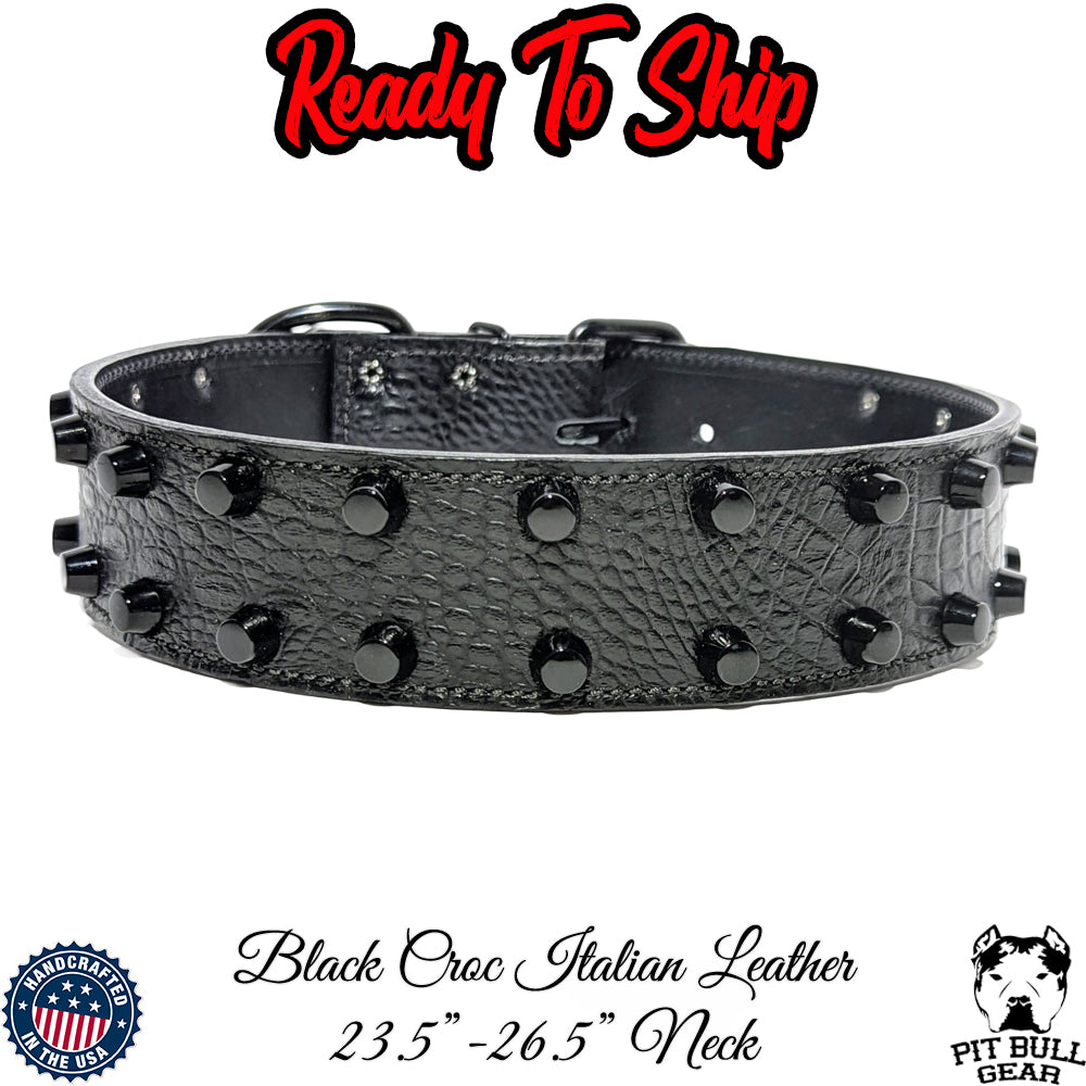 *2&quot; Wide Black Croc Leather Dog Collar with Black Studs (23.5&quot;-26.5&quot;) Neck