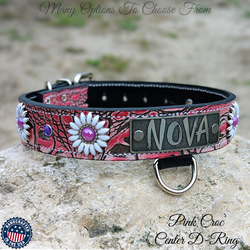 VN4 - 1.5" Wide Leather Dog Collar Personalized Name Plate Daisies Gems