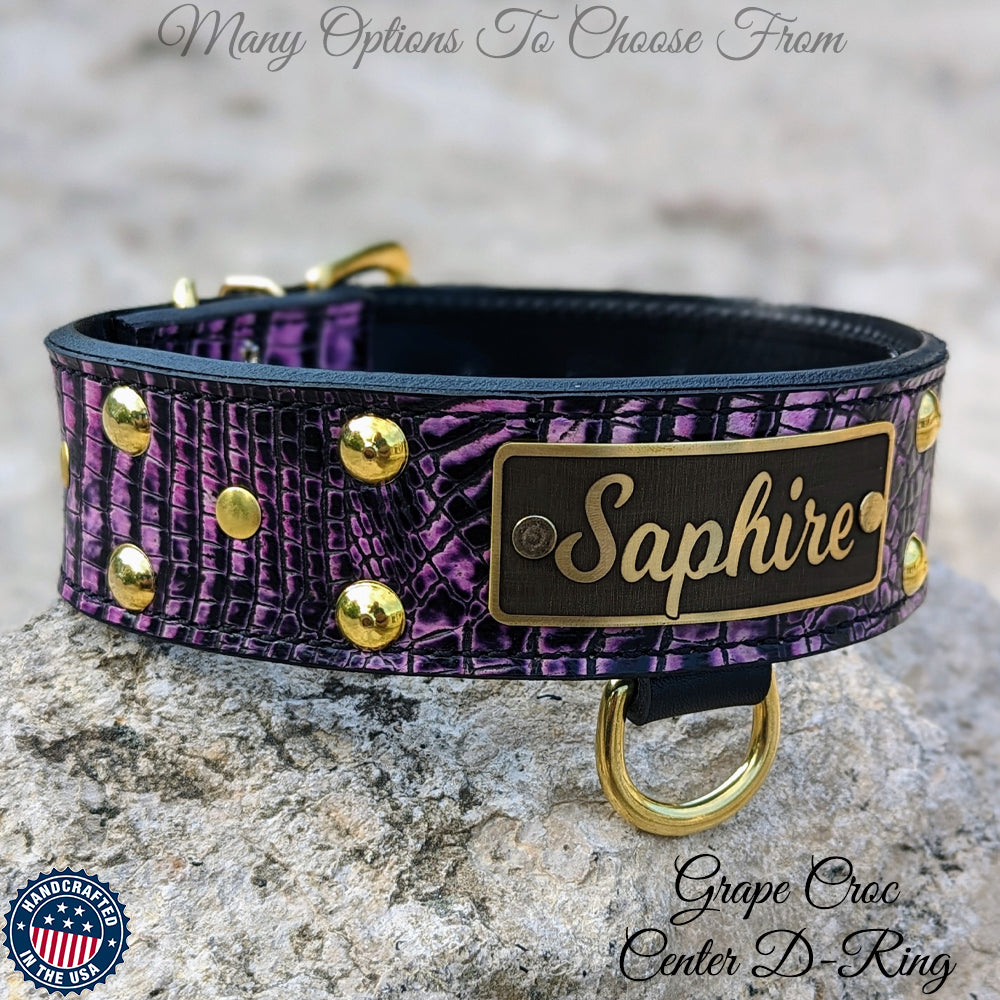 Leather Dog Collar, Personalized Name Plate Studded 2 Wide - N12