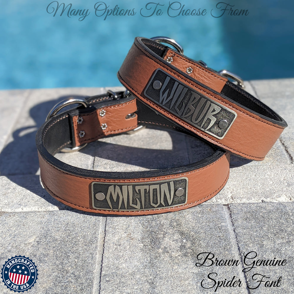 Leather dog collar shop with name stamped