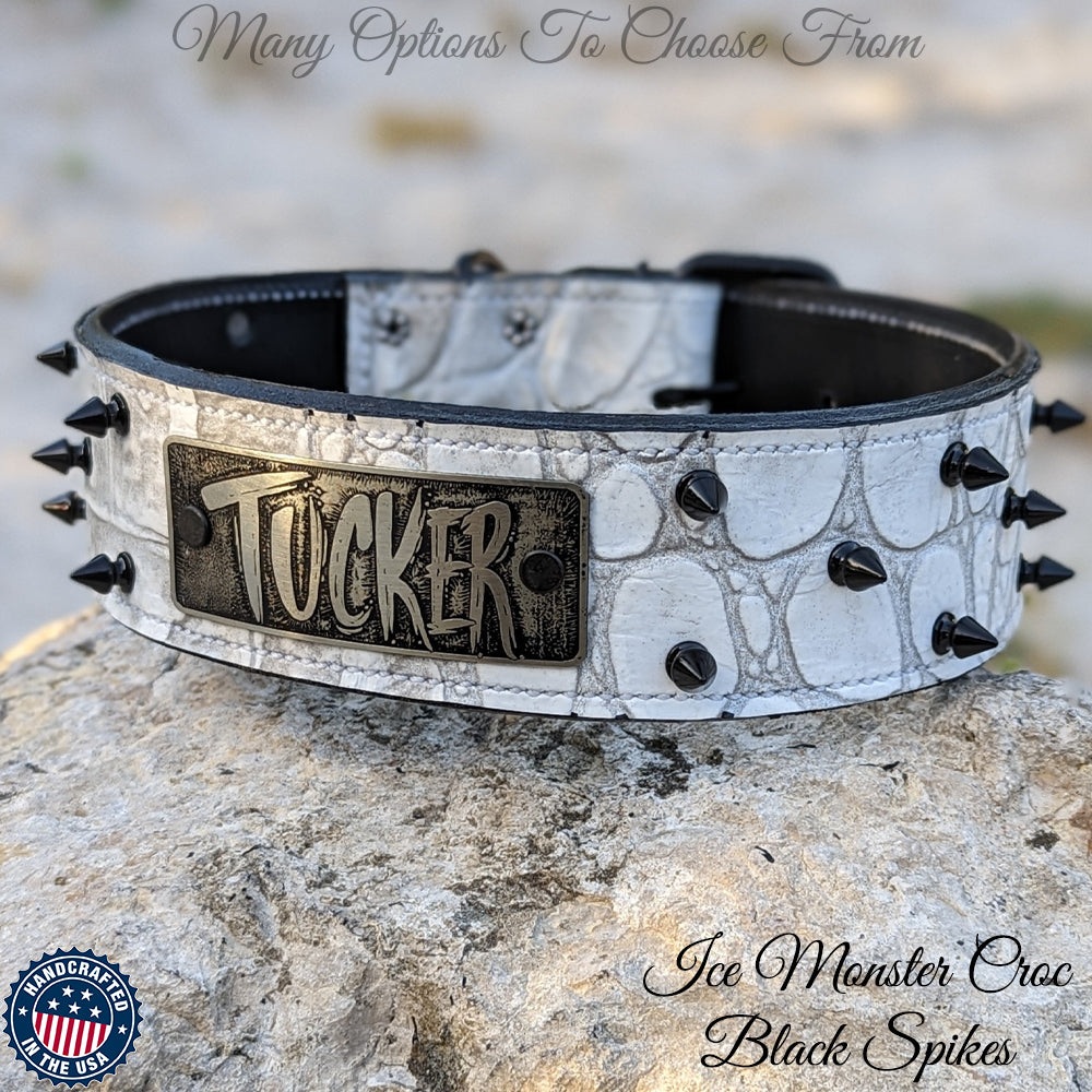 W46 - 2" Spiked Leather Dog Collar with Personalized Name Plate