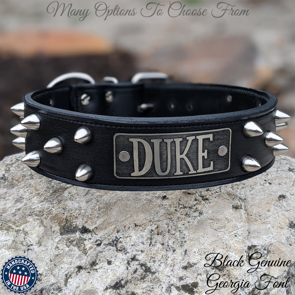 TW32 - 2 Tapered Name Plate Leather Collar w/Bucket Studs