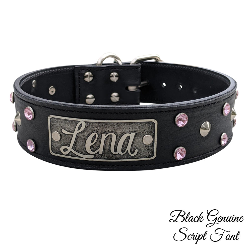 WN3 - 2" Leather Dog Collar with Name Plate, Studs & Gems