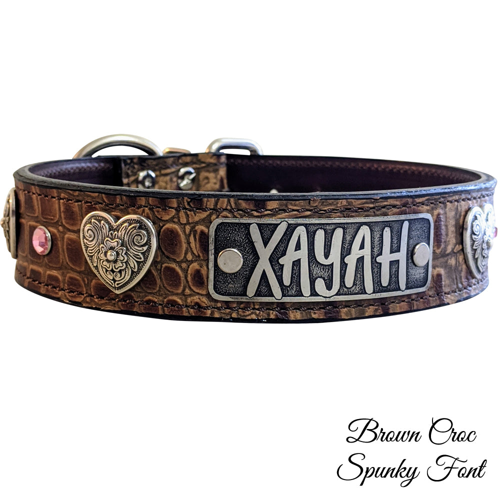 DV2 - 1 1/2" Name Hearts & Gems Leather Collar