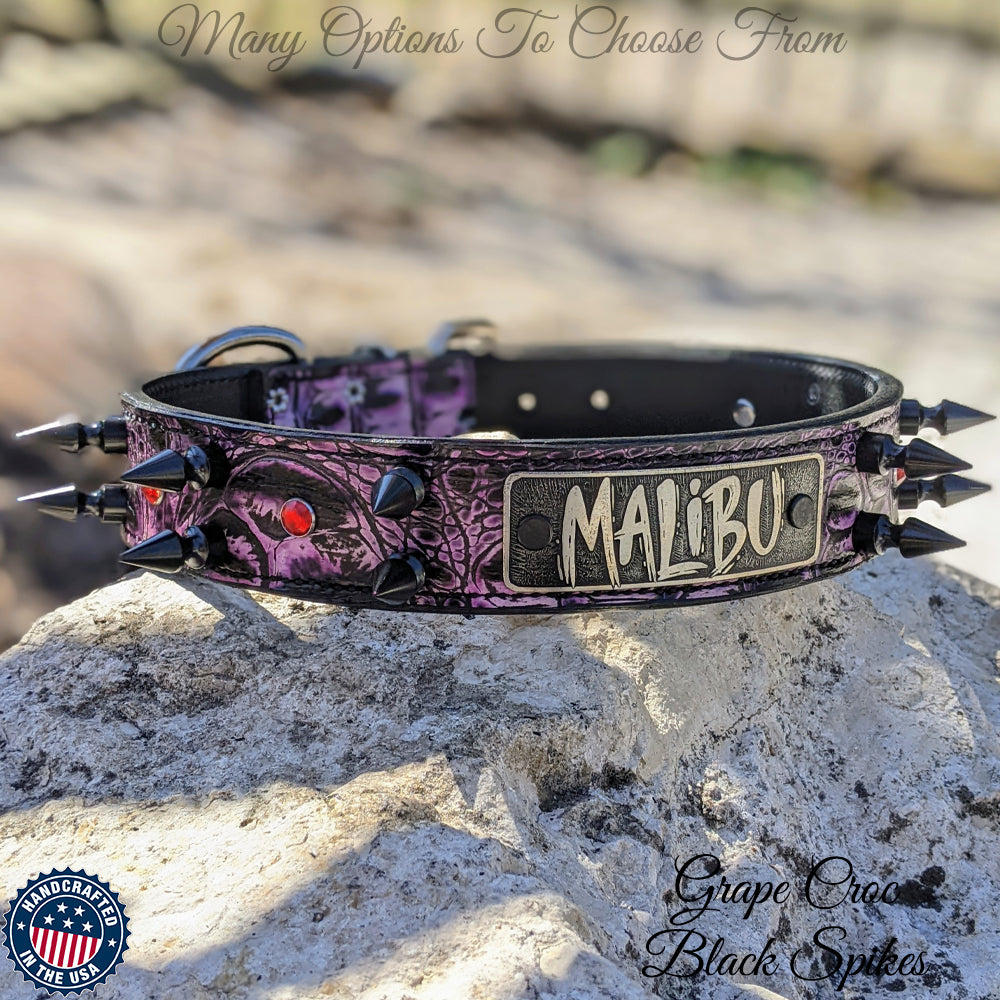 V26 - 1 1/2" Personalized Spikes & Gems Leather Collar