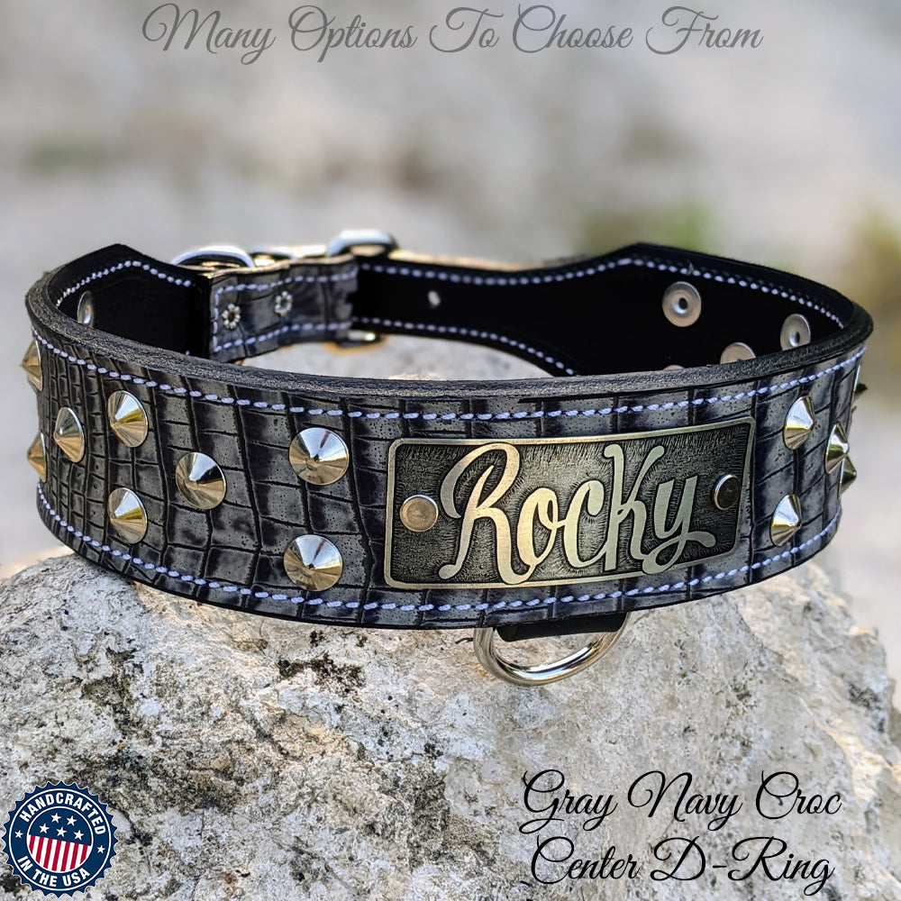 Leather Tapered Dog Collar Name Plate with Studs 2 Wide - N5