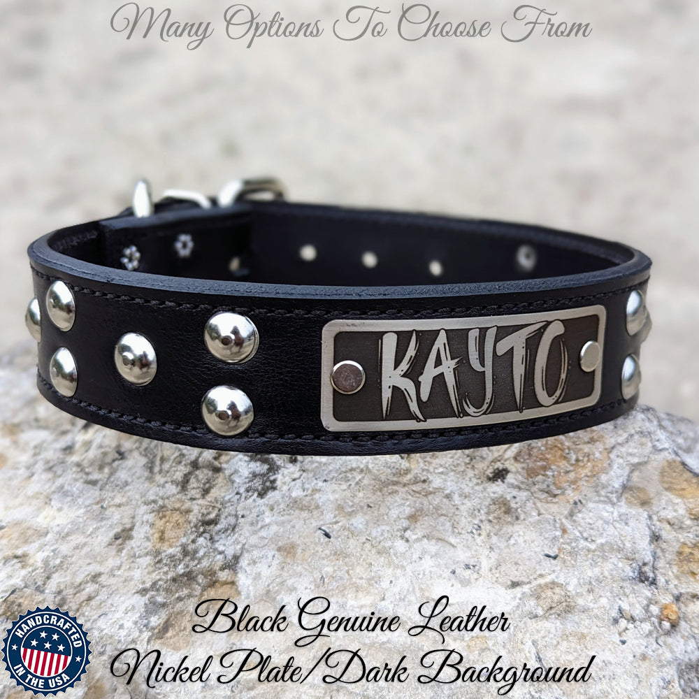 Leather Dog Collar, Personalized Name Plate Studded 2 Wide - N12