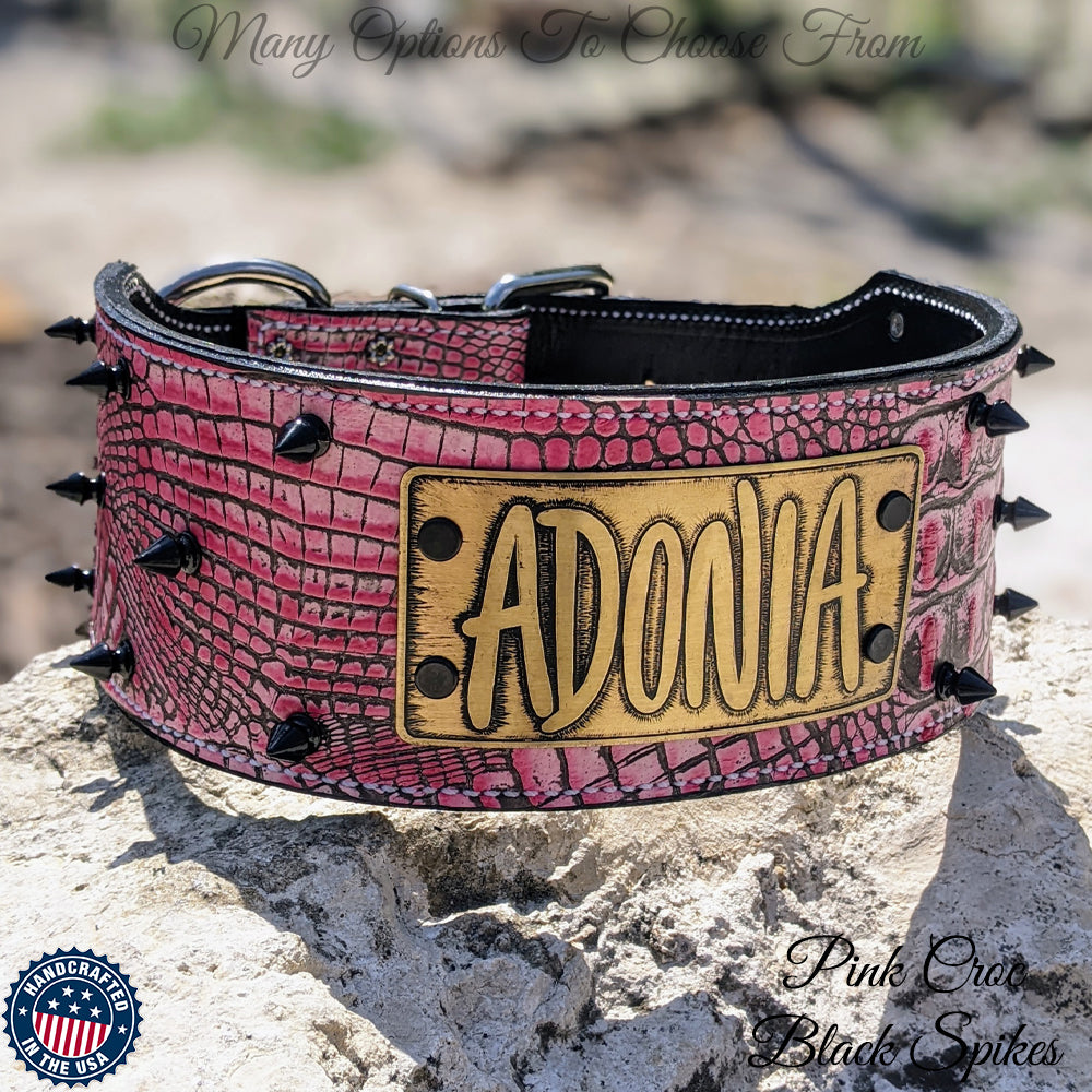 NX1 - Collar de cuero con pinchos y placa de identificación personalizada para perros - 3" de ancho