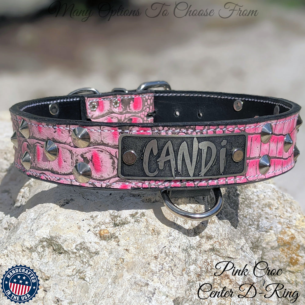 VN1 - 1.5" Wide Leather Dog Collar with Name Plate & Cone Studs