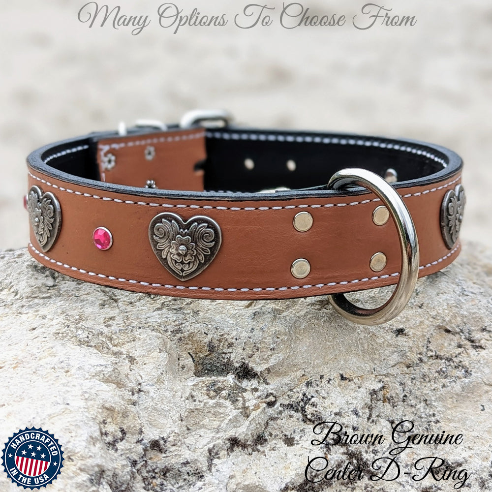 V28 - 1 1/2&quot; Hearts &amp; Gems Leather Collar