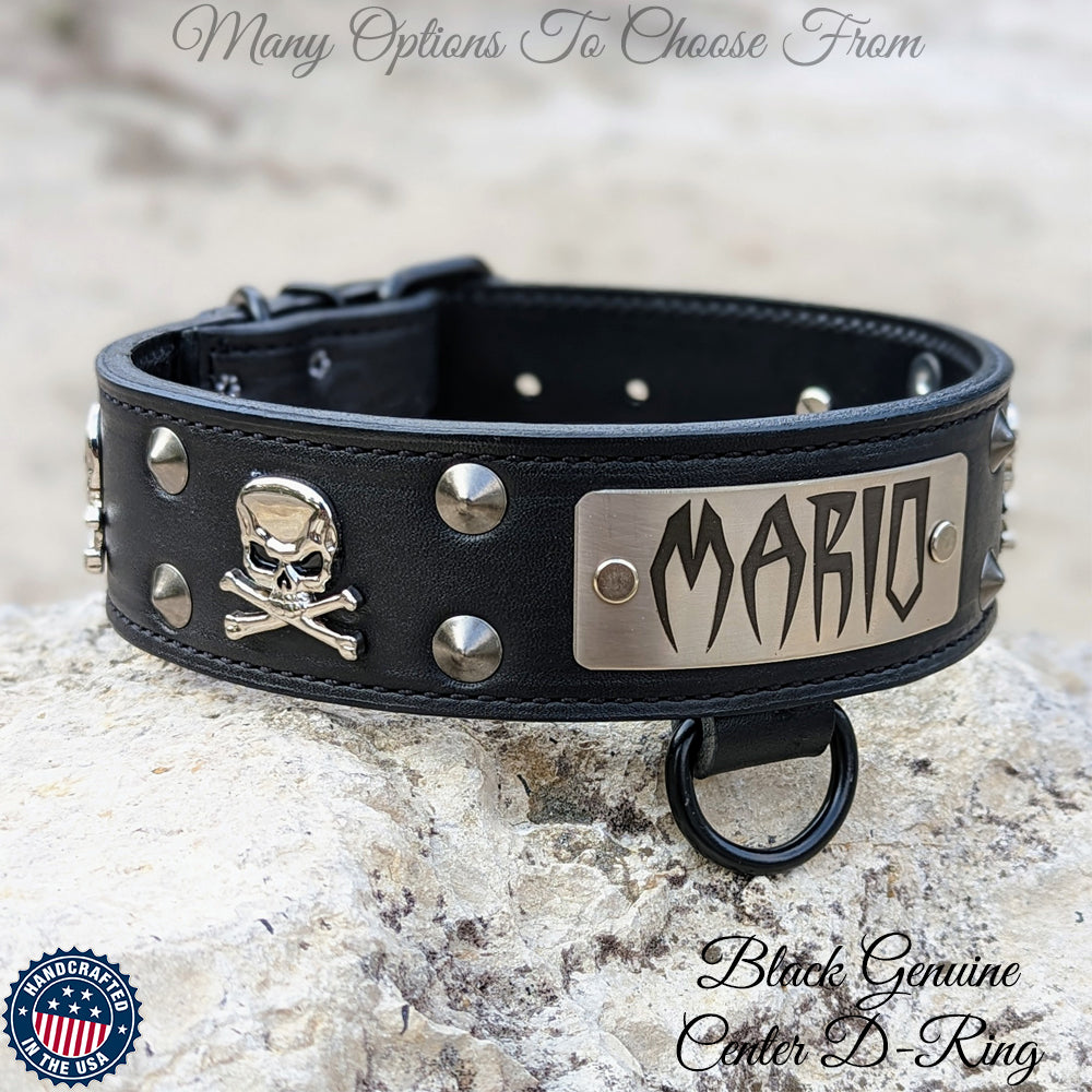 W27 - Personalized Leather Dog Collar w/ Skulls &amp; Studs - 2&quot;