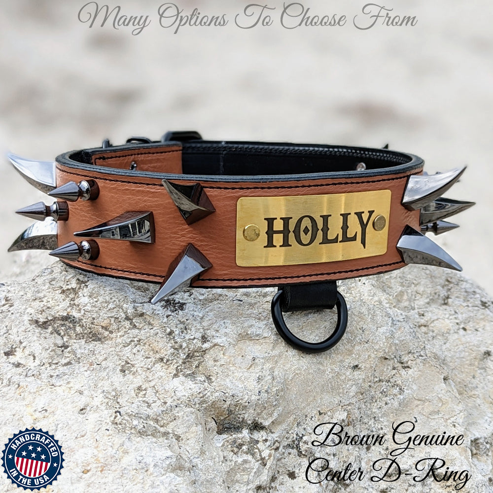 Leather Dog Collar with Spikes Personalized Name Plate 2 Wide Pit Bull Gear