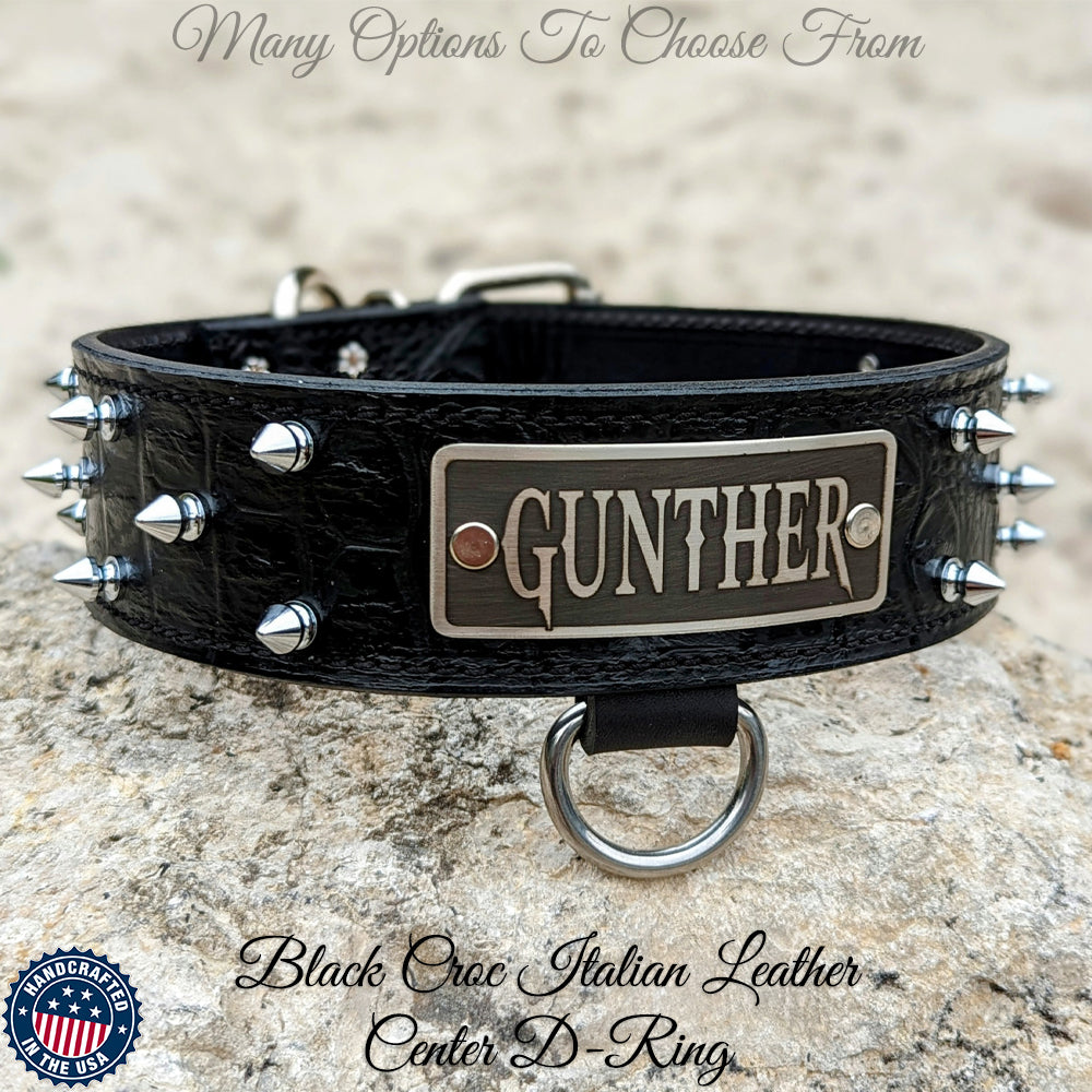 W46 - 2" Spiked Leather Dog Collar with Personalized Name Plate