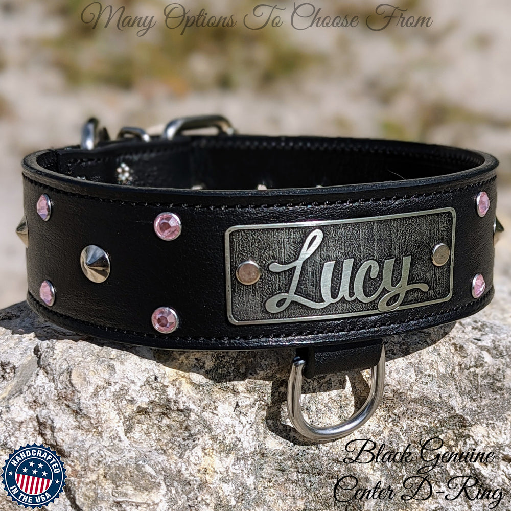 WN3 - 2" Leather Dog Collar with Name Plate, Studs & Gems