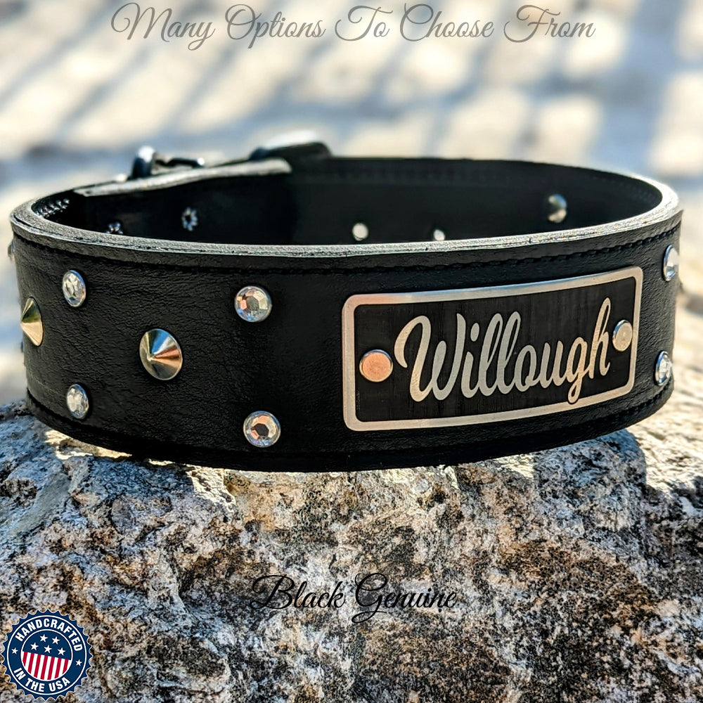 Leather Dog Collar with Spikes, Name Plate Collar, 2 Wide - WN14