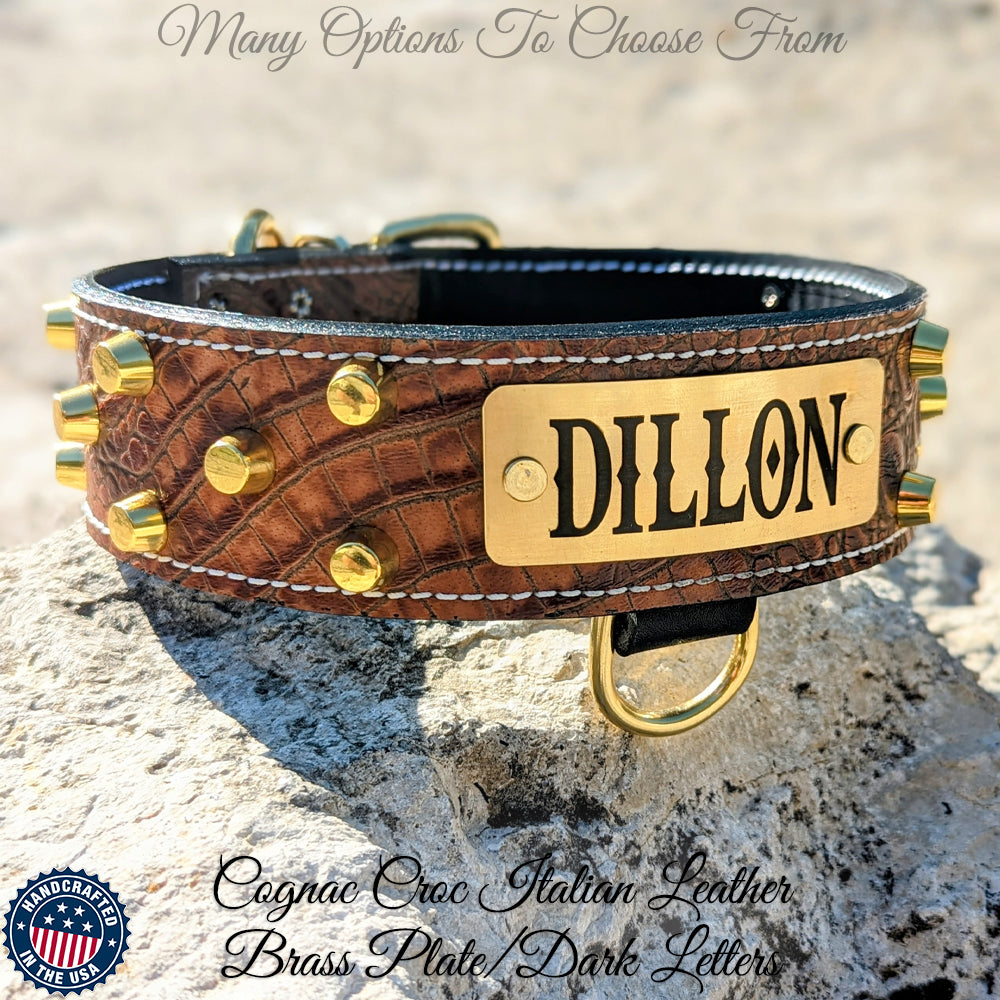 WN4 - 2" Wide Leather Dog Collar with Bucket Studs and Name Plate