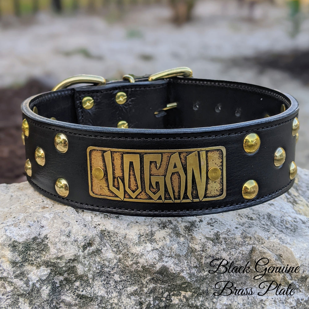 Leather Dog Collar Personalized Name Plate Studded 2 Wide - WN4