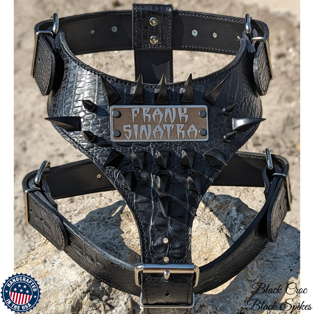 NH17 - Spiked Leather Dog Harness Personalized Name Plate