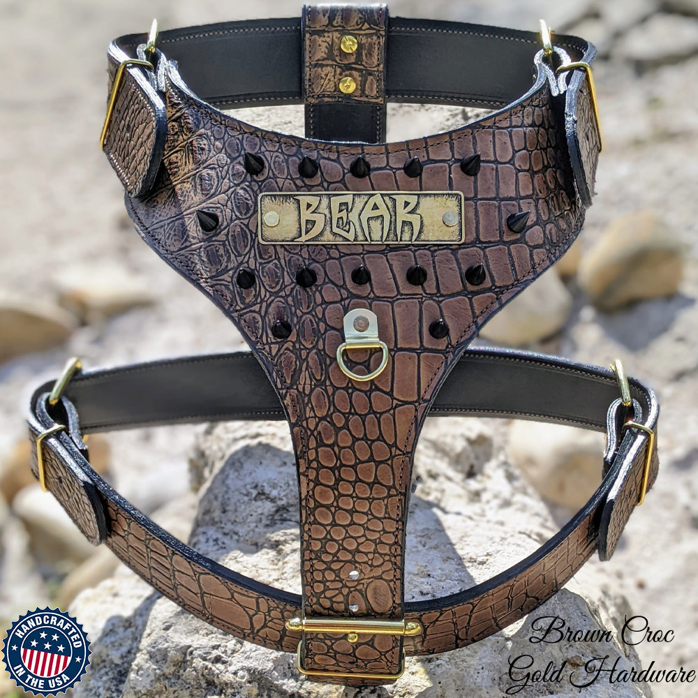 NH8 - Leather Dog Harness with Name Plate & Cone Spikes