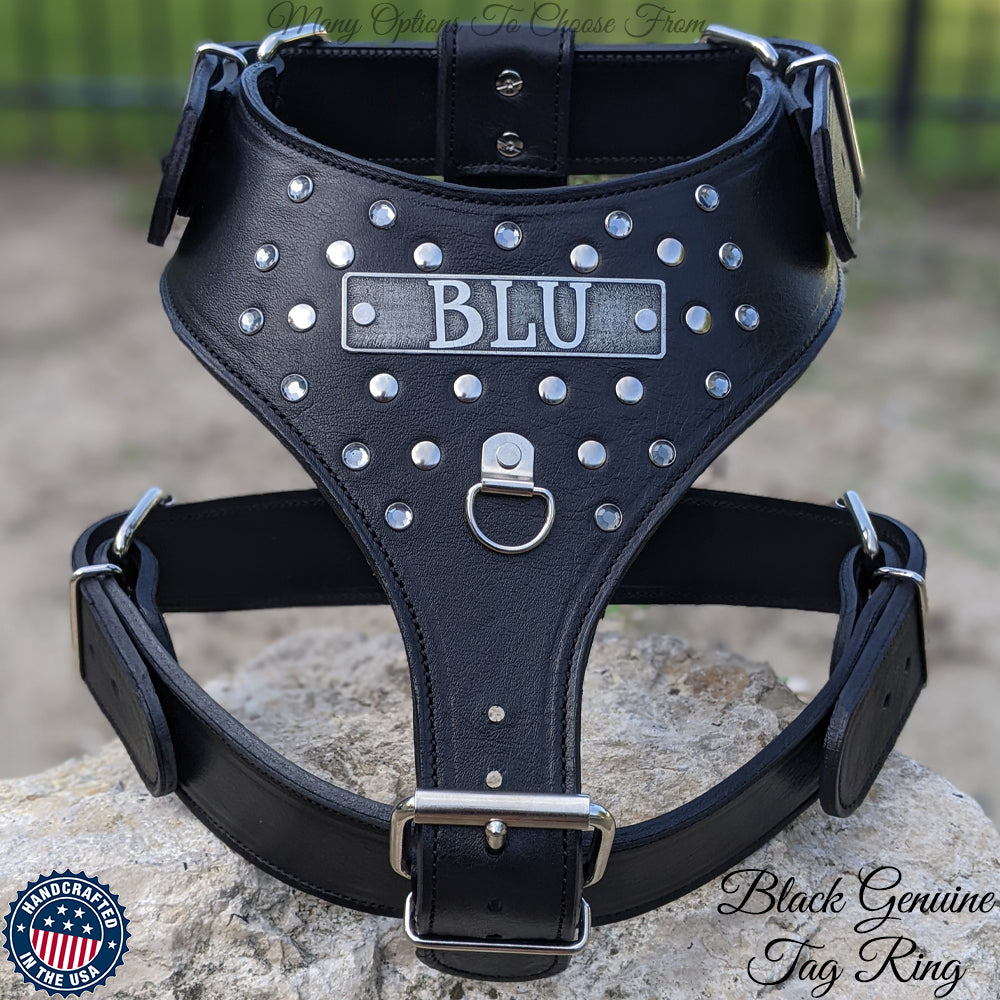 Y01 - Personalized Leather Dog Harness with Gems &amp; Rivets