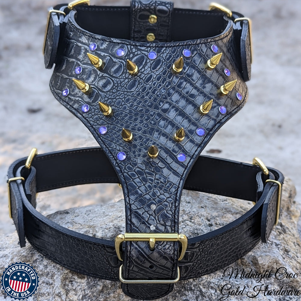 Y15 - Leather Dog Harness with Spikes & Gems