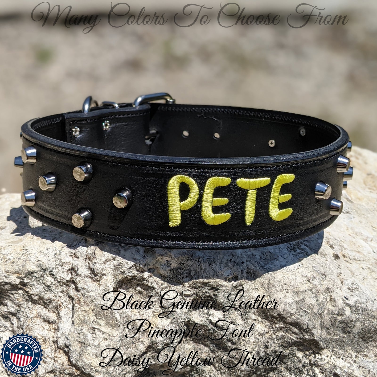 E6 - Custom Embroidered Bucket Studded Leather Dog Collar - 2"