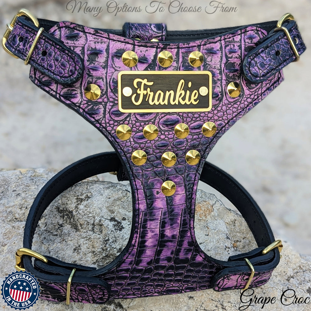 FBH5 - French Bulldog Personalized Cone Studded Leather Harness