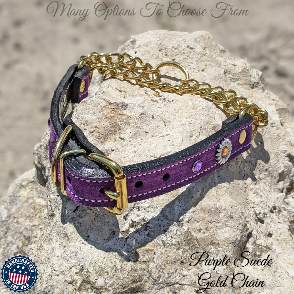 LM2 - 1" Wide Leather Martingale Buckle Collar with Daisies & Gems