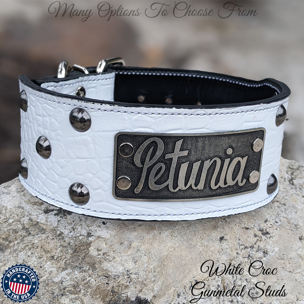 Leather Dog Collar with Studs Personalized Riveted Nameplate – Ace | Studded online Leather with Choice of Silver or Gold | 12 Classic colors