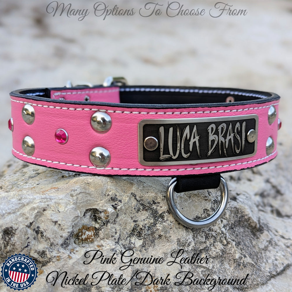 Leather Dog Collar Personalized Name Plate Studded 2 Wide - WN4