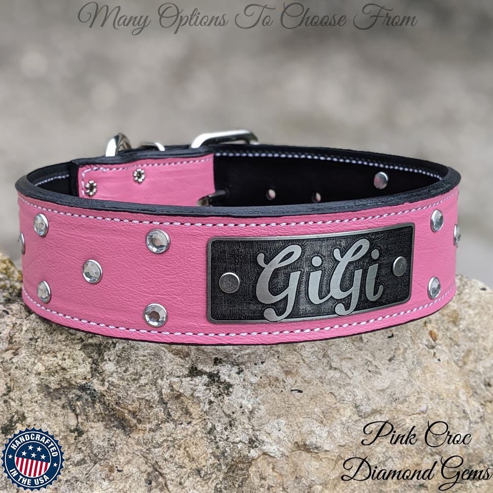 W12 - 2" Personalized Leather Dog Collar w/Gems