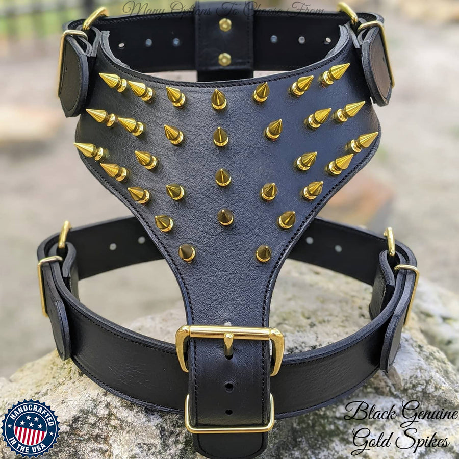 Custom Genuine Leather Spiked Studded Large Dog Harness for Pitbull  Rottweiler
